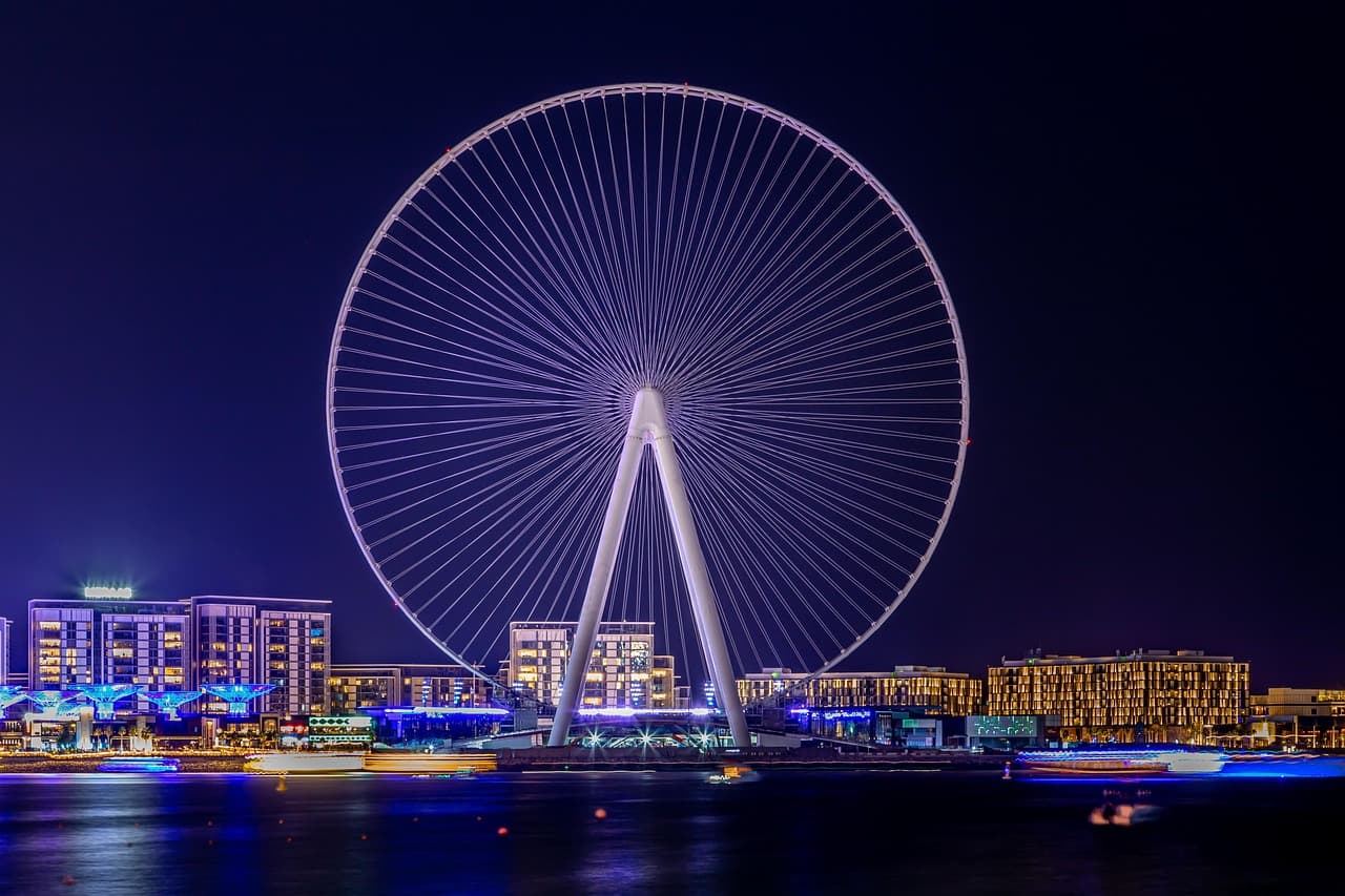ferris wheel, nature, landscape, dubai, u a e, night, lights, architecture, lighting, skyline, large, cityscape, round, water, sea, perspective, night photograph
