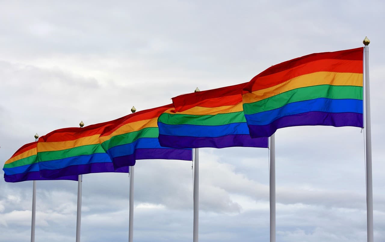 pride flag, flags, flagpoles, sky, rainbow, nature, rainbow flag, lgbtq, lesbian, bisexual, transgender, queer, symbol, lgbtiqa, pride month, world pride